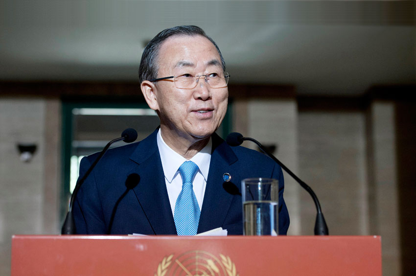 Secretary-General Ban speaks to journalists in Geneva where he attended the opening of the Economic and Social Council’s 2013 substantive session.  UN Photo/J.M. Ferré