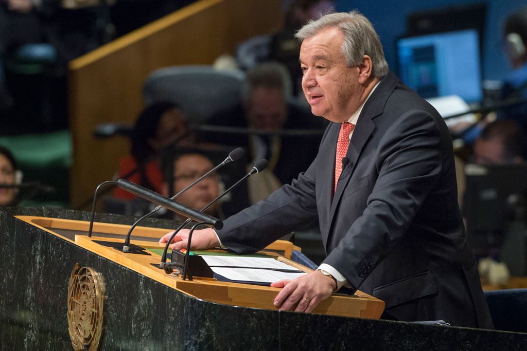 The ninth Secretary-General of the United Nations, António Guterres, addressed the General Assembly on 12 December 2016 after taking the oath of office, which was administered by Peter Thomson, President of the 71st session of the General Assembly. UN Photo/Eskinder Debebe 