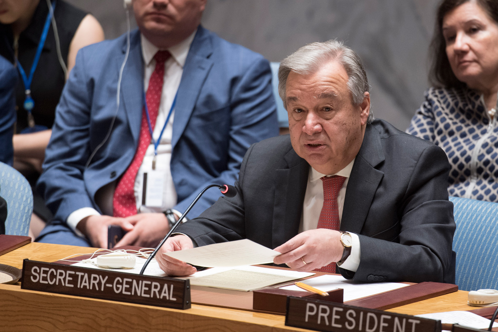 Secretary-General António Guterres addresses the Security Council open debate on ‘Enhancing African capacities in the areas of peace and security’ on 19 July 2017. UN Photo/Mark Garten