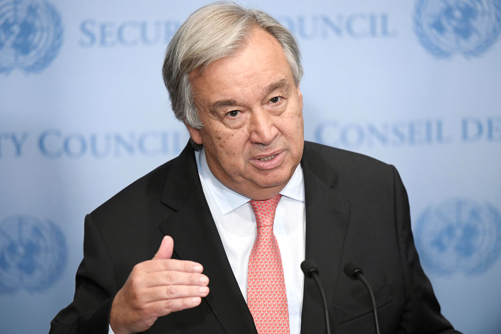 Secretary-General António Guterres speaks to journalists at UN Headquarters. UN Photo/Evan Schneider 