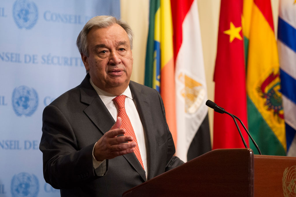 Secretary-General António Guterres speaks to journalists about his upcoming trip to the countries affected by the recent hurricanes Irma, Harvey and Maria. UN Photo/Rick Bajornas 