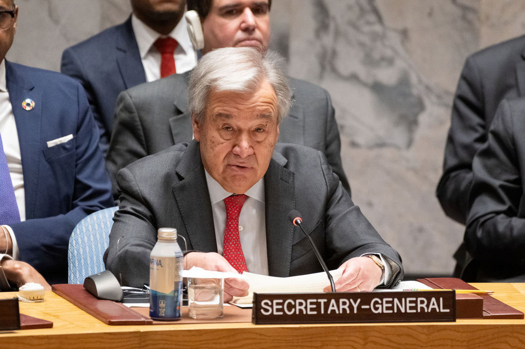 Secretary-General António Guterres addresses the Security Council meeting on the situation in the Middle East, including the Palestinian question. UN Photo/Eskinder Debebe