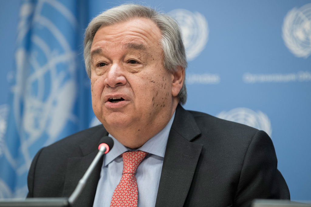 Secretary-General António Guterres briefs the press on a wide-ranging number of topics. UN Photo/Mark Garten