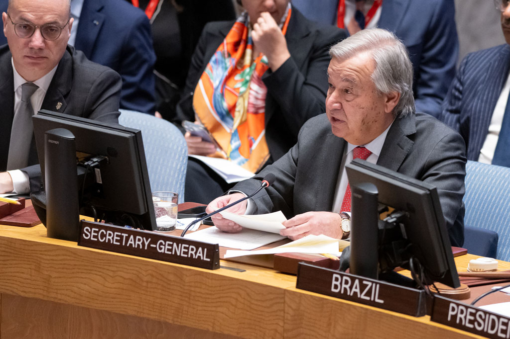 Secretary-General António Guterres addresses the UN Security Council on the situation on the Middle East, including the Palestinian question. UN Photo/Manuel Elías