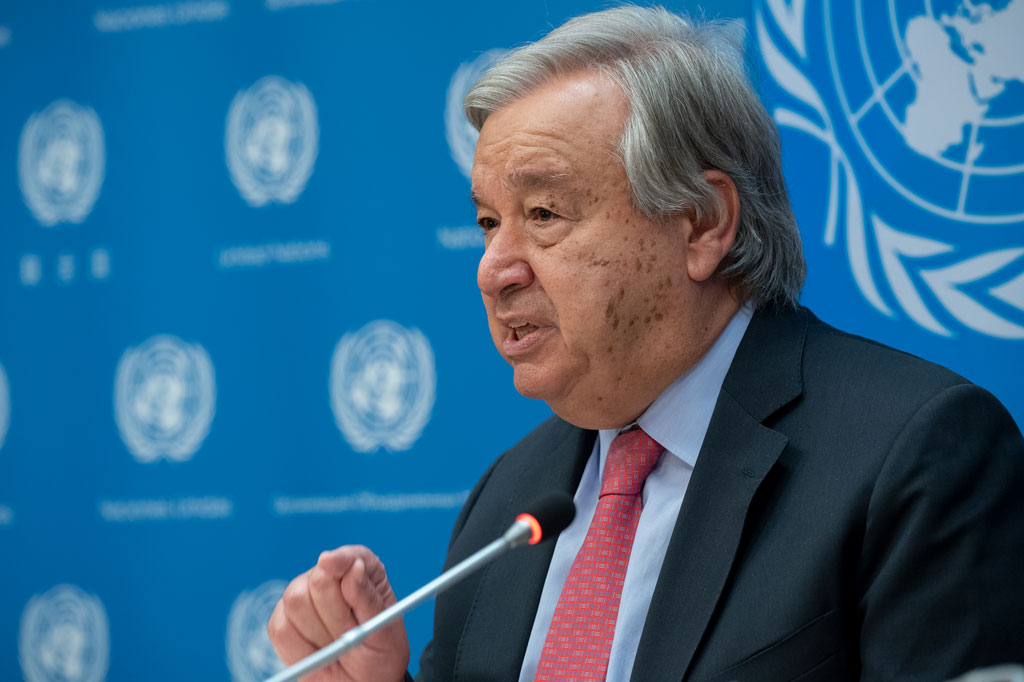 Secretary-General António Guterres briefs reporters on the upcoming 77th session of the General Assembly. UN Photo/Evan Schneider