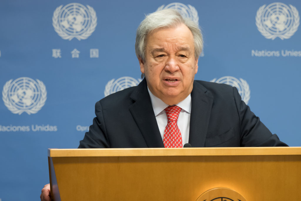 Secretary-General António Guterres briefs the press on new data from the World Meteorological Organization (WMO) and the European Commission’s Copernicus Climate Change Service (C3S) confirming that this July will be the hottest month ever in recorded history. UN Photo/Mark Garten