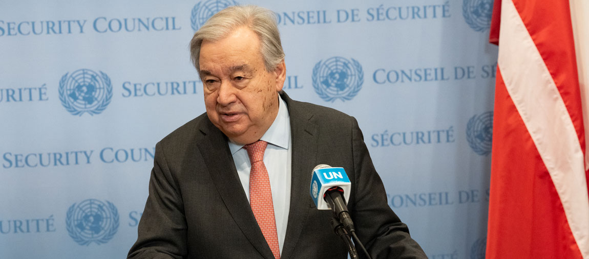 Secretary-General António Guterres briefs reporters on recent developments in South Sudan. UN Photo/Evan Schneider