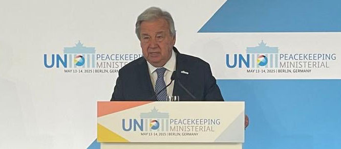 Secretary-General António Guterres speaks to reporters in Berlin following the 2025 Peacekeeping Ministerial. UN Brussels/Arne Molfenter