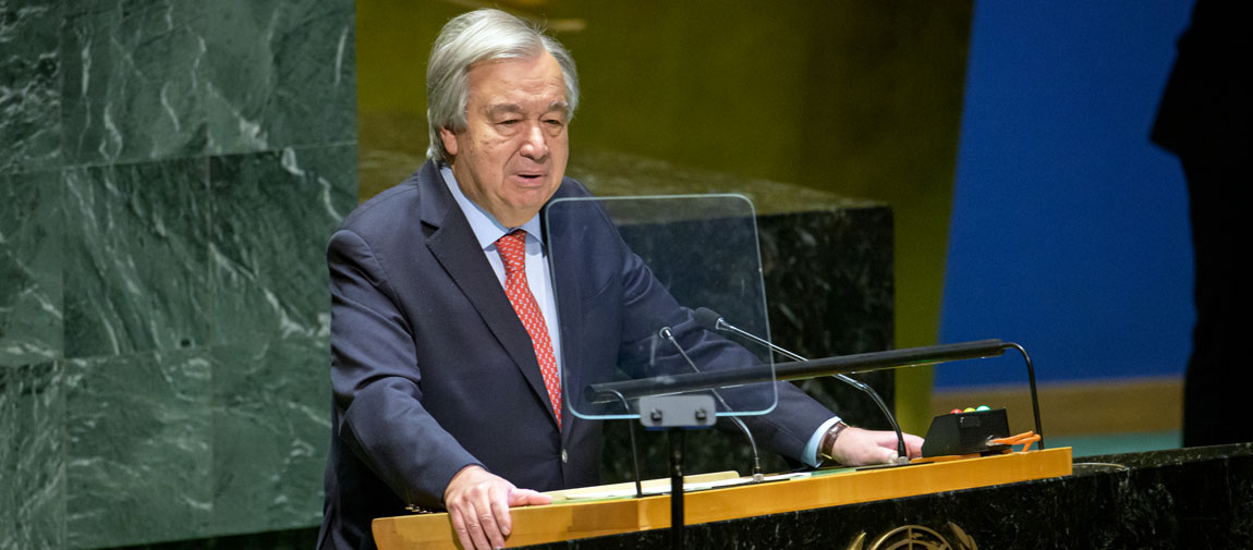 Secretary-General António Guterres addresses members of the UN General Assembly on International Day to Combat Islamophobia. UN Photo/Manuel Elías