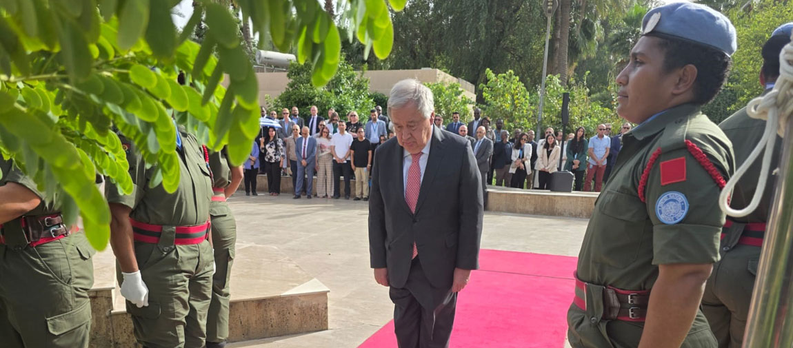 Secretary-General António Guterres pays respect during a wreath-laying ceremony for the victims of the 2003 Canal Hotel attack. Photo: UNAMI