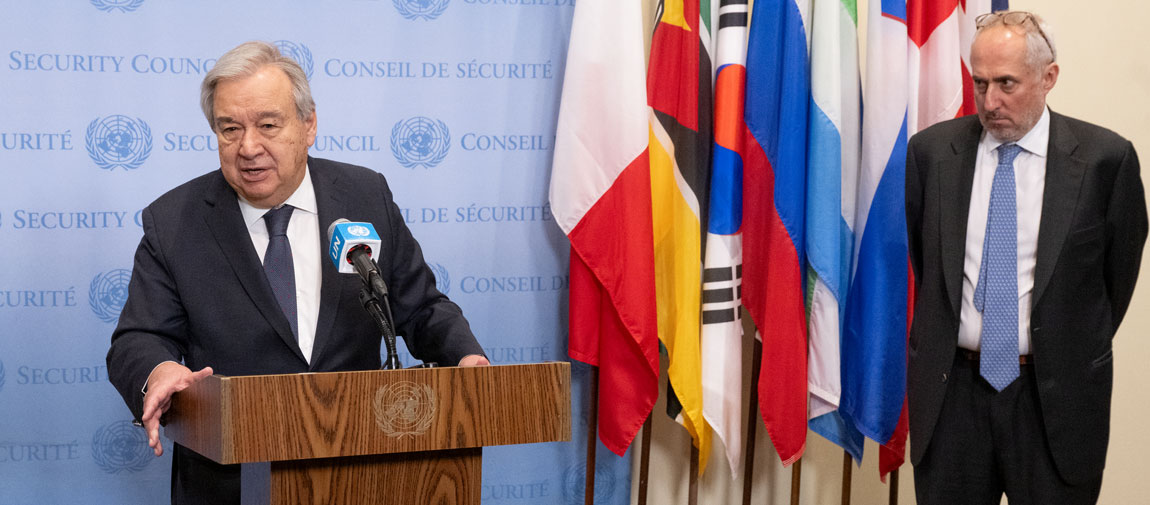 Secretary-General António Guterres briefs the press on the situation in Gaza. UN Photo/Eskinder Debebe 
