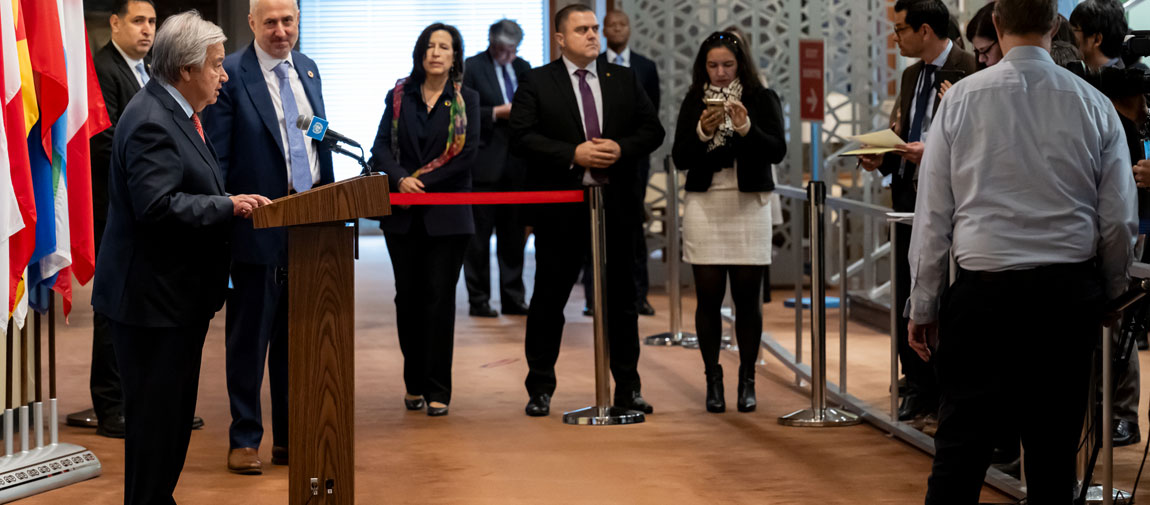 Secretary-General António Guterres briefs reporters on Israel and Gaza and the start of Ramadan. UN Photo/Mark Garten