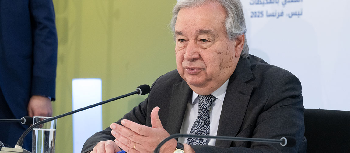 Secretary-General António Guterres briefs reporters during the UN Ocean Conference. UN Photo/Evan Schneider