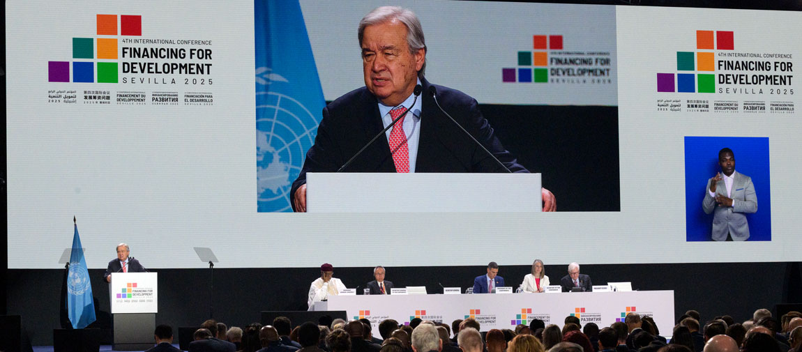 Secretary-General António Guterres addresses delegates at the 4th Financing for Development conference. UN Photo/Manuel Elías