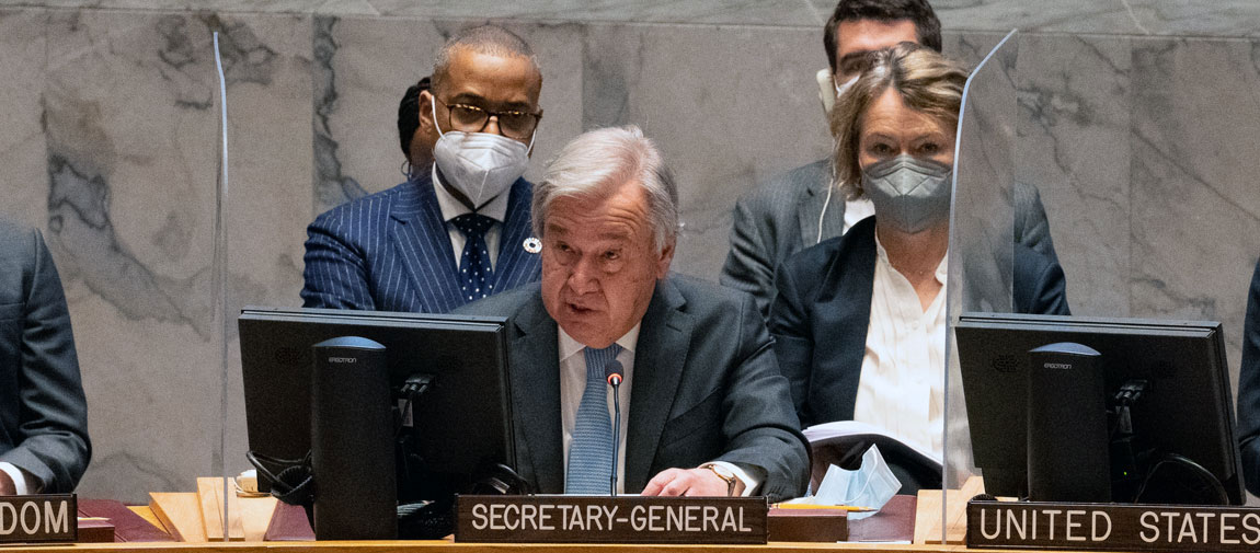 Secretary-General António Guterres addresses the UN Security Council meeting on the maintenance of peace and security of Ukraine. UN Photo/Evan Schneider