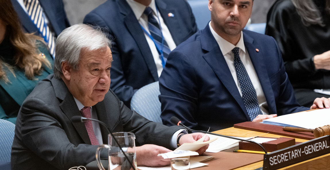 Secretary-General António Guterres (left) addresses the Security Council meeting on the situation in Gaza. UN Photo/Eskinder Debebe