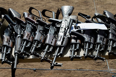 Confiscated weapons are lined up to be destroyed by the UN Mission in South Sudan (UNMISS).