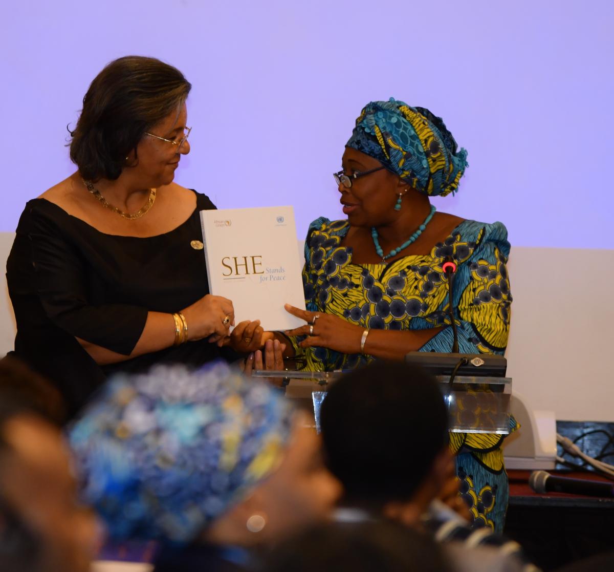 Special Representative of the Secretary-General Hanna Tetteh and the AU Commissioner for Political Affairs, Minata Samate-Cessouma launching the "She Stands for Peace" 20 Years, 20 Journeys book, February 2020.