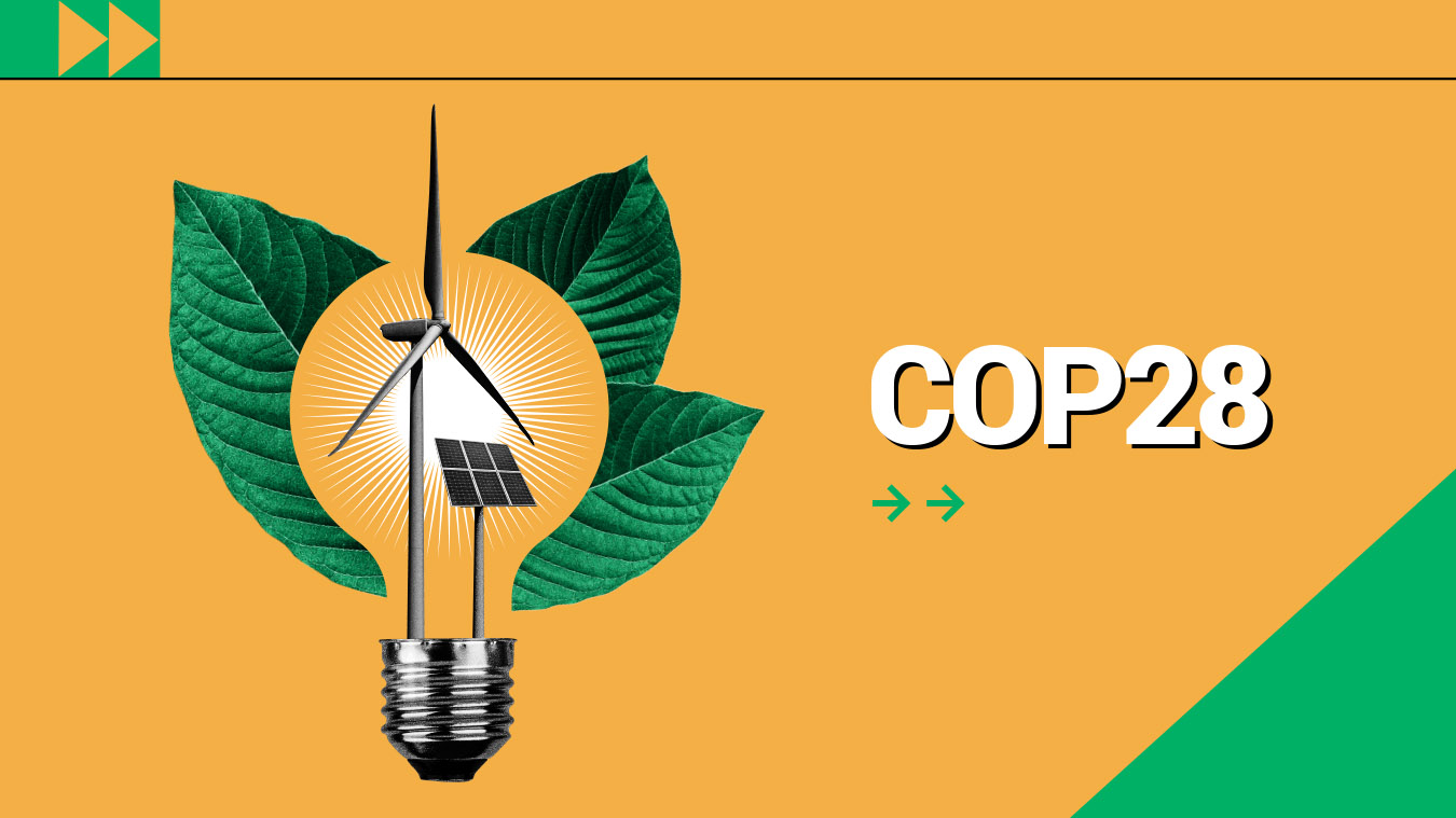 photocomposition: the form of a lightbulb with a wind turbine and a solar panel inside of if, all with green leafs underneath it. by the side it is written cop28 30 november to 12 december