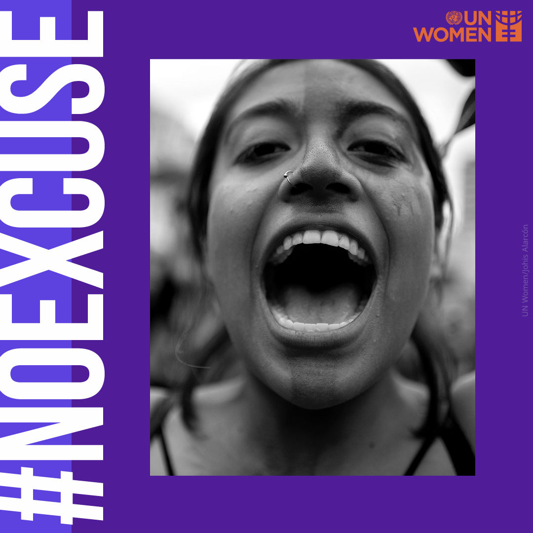 An illustration with a photograph of a person shouting towards the camera, against a purple background and with the text '#NOEXCUSE' running vertically down the left-hand-side of the frame