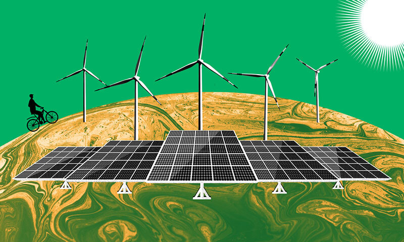 Illustration d'éoliennes et de panneaux solaires