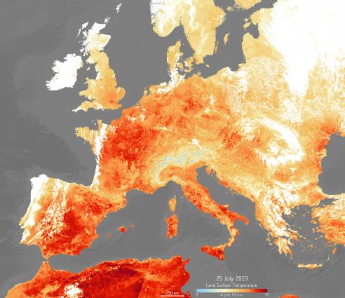 Image, supplied by the European Space Agency, shows the land surface temperature on 25 July 2019, amid the European heatwave.