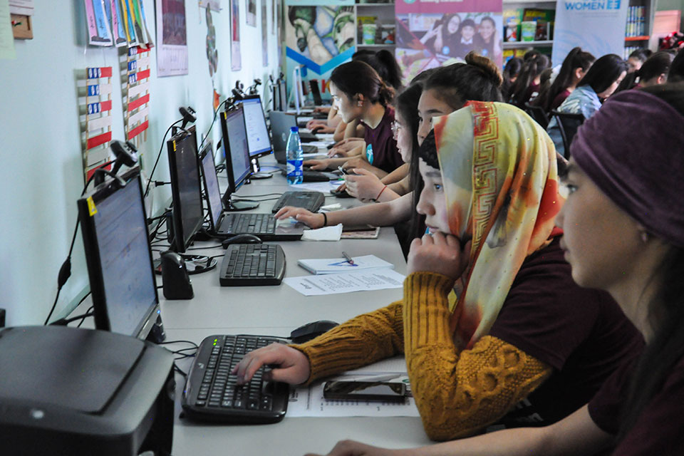 Coding Caravan participants during a session on the development of a website, Talas, Kyrgyzstan. 