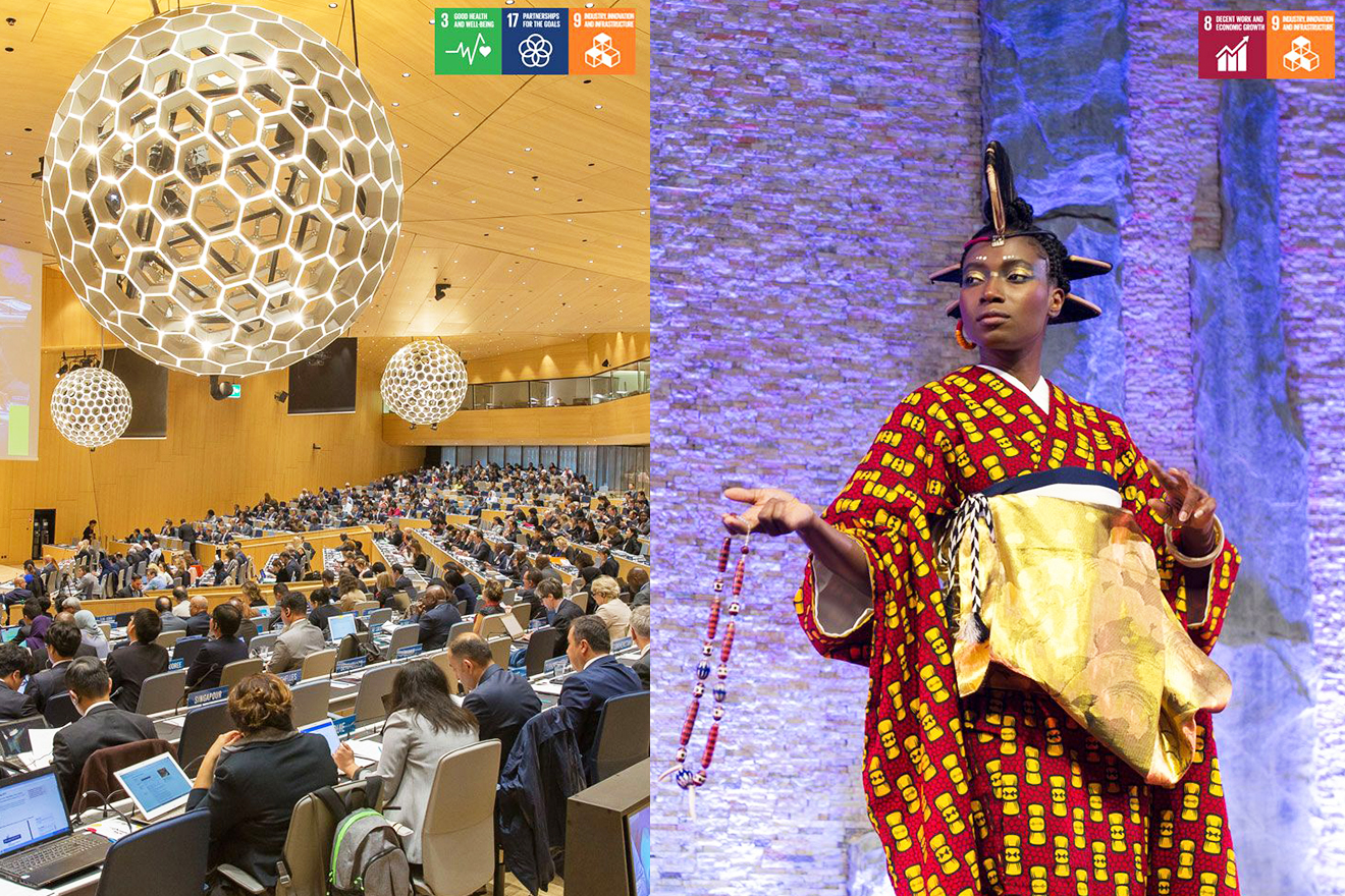 Left: View of the UN Interagency Task Force on the Prevention and Control of Non-communicable Diseases meeting hall. Right: a model displays Cameroonian-born designer Serge Mouangue’s fashions.