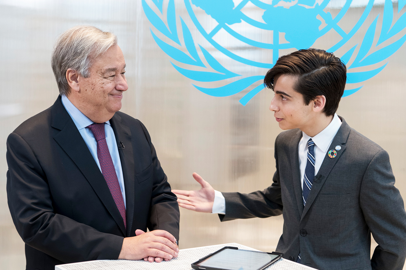Secretary-General António Guterres (left) participates in Instagram Live with actor Aidan Gallagher, UN Environment Goodwill Ambassador.