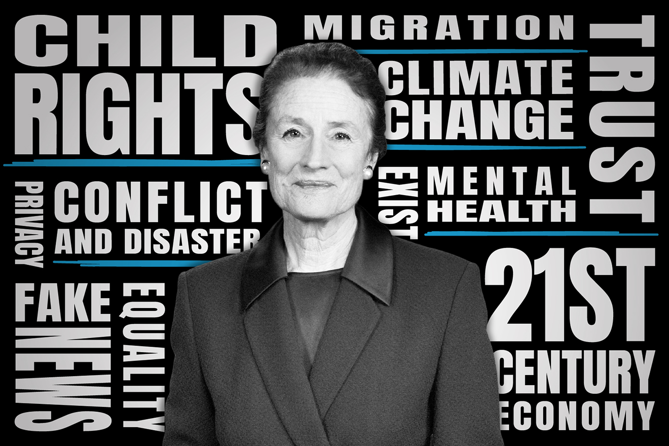 Portrait of UNICEF Executive Director Henrietta H. Fore with these words in the background: "child rights, migration, trust, climate change" among others.