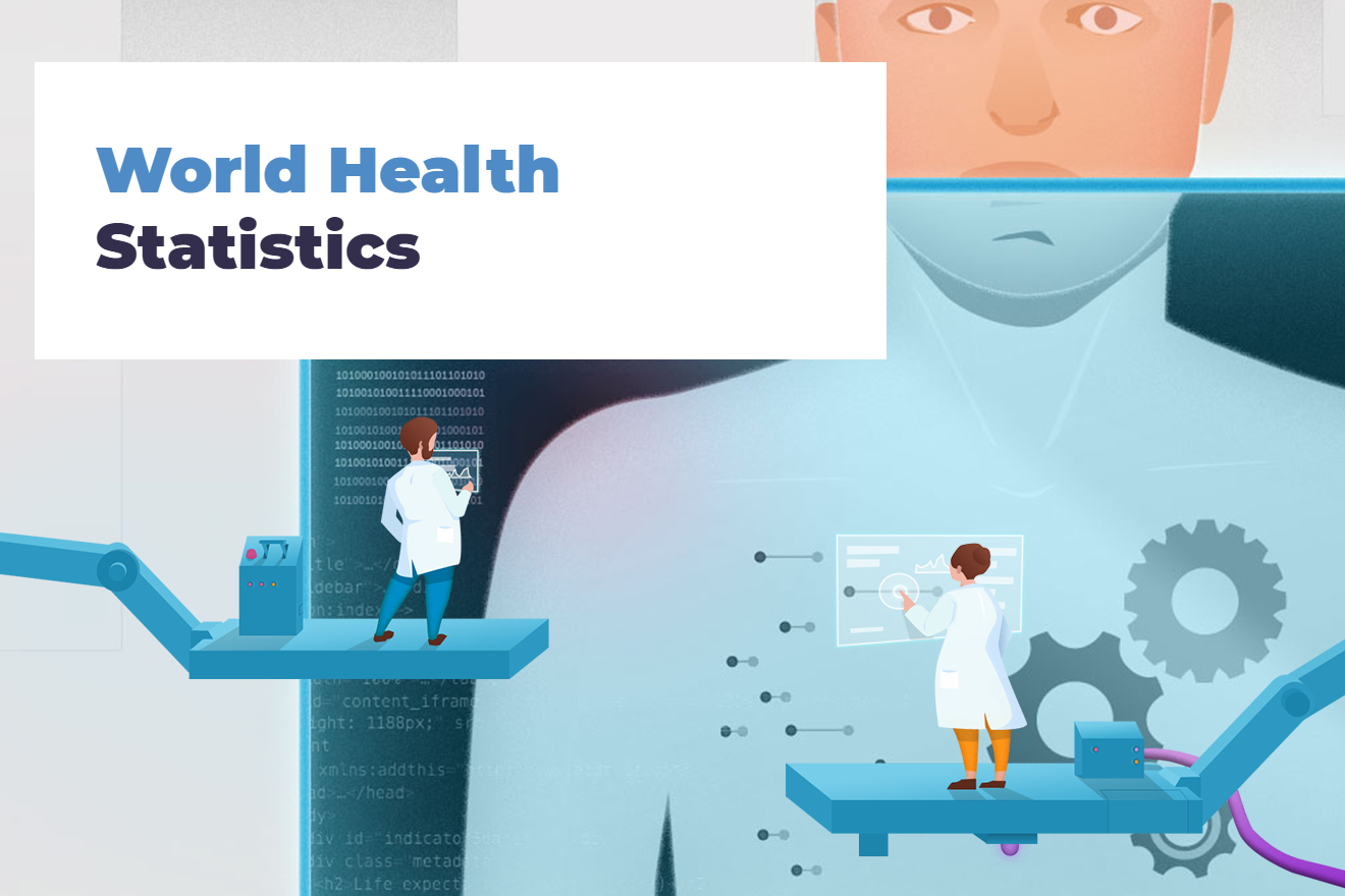 Illustration of doctors collecting data and a patient in the background.