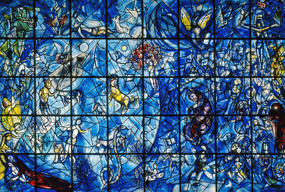 A detail of a stained glass composition by Marc Chagall