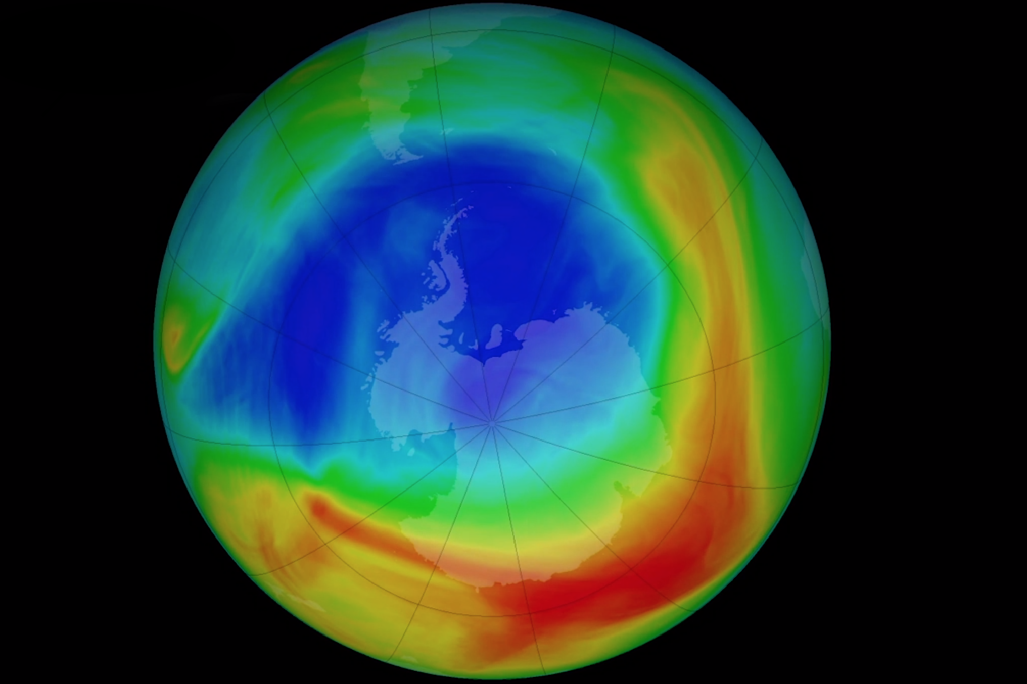 image of Earth showing the size of the ozone hole