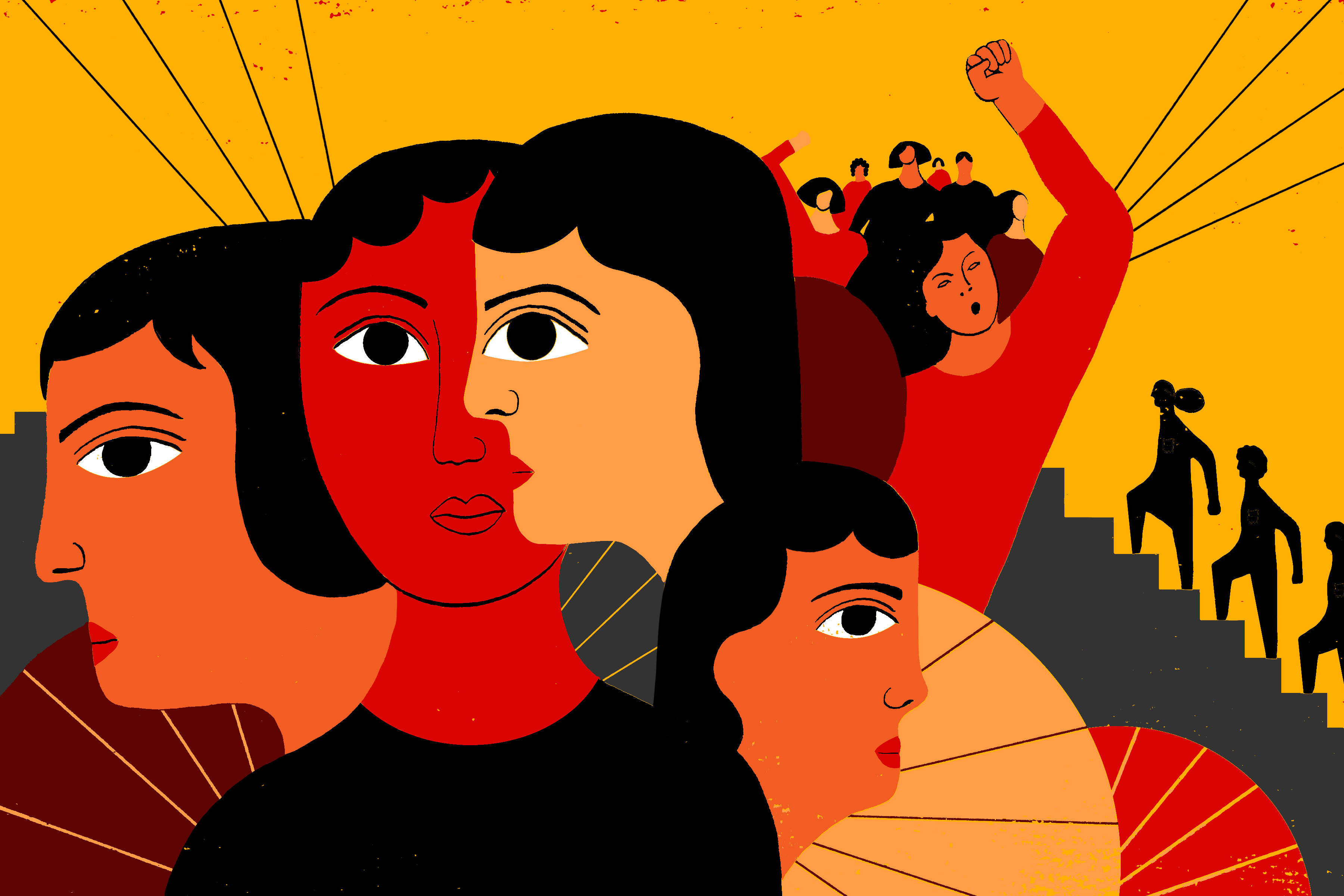 illustration: women and men stand in solidarity