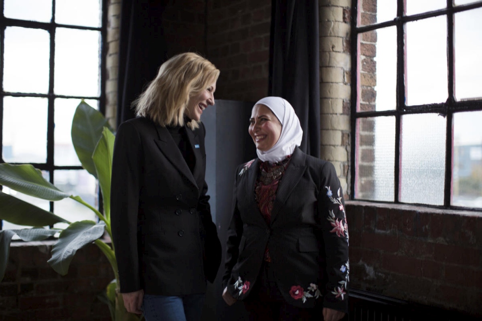 UNHCR Goodwill Ambassador Cate Blanchett with Syrian refugee and business woman Razan Alsous.