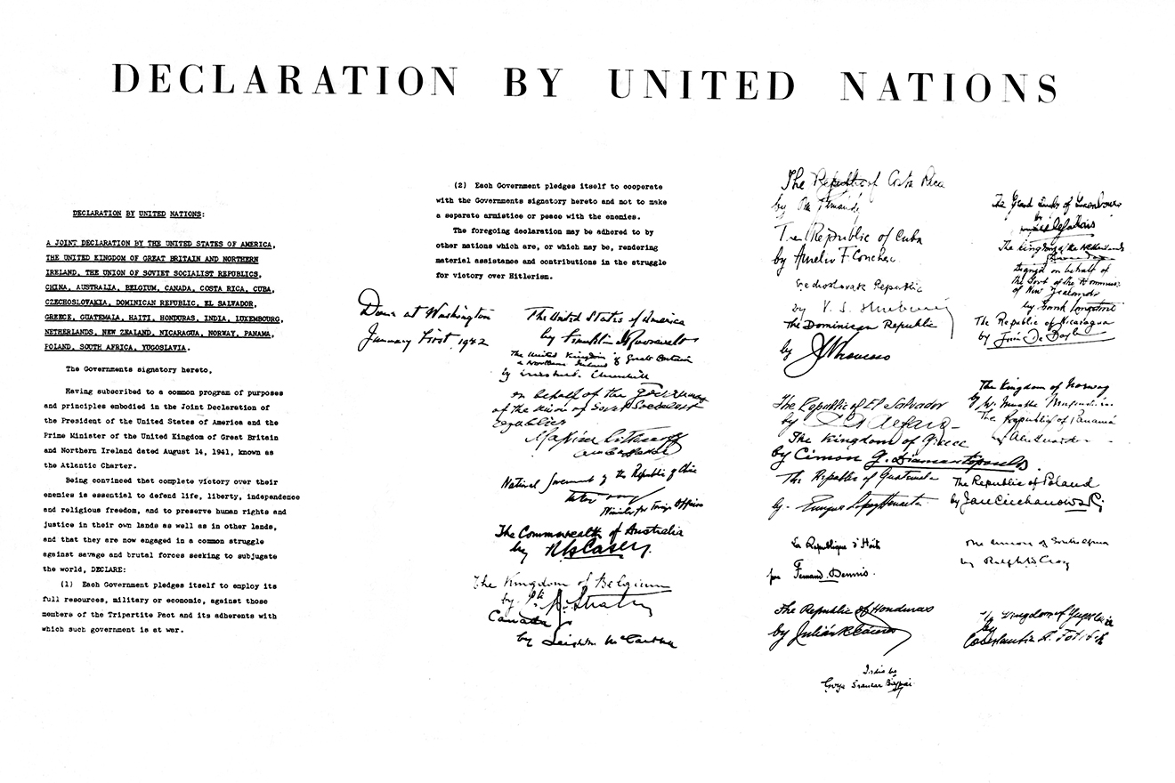 Declaration by the UN pledging "to employ its full resources, military or economic" in "the struggle for victory over Hitlerism".