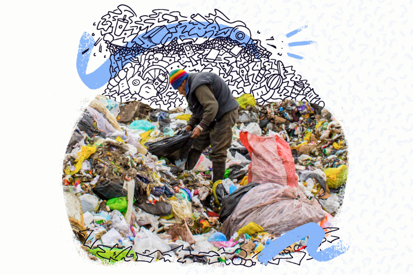 A photo with illustration touches depicting an old man bent over a large pile of garbage, picking out items.