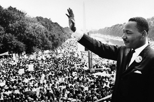 Martin Luther King Jr., August 28, 1963, at the foot of the statue of Abraham Lincoln, rallying point of the great march on Washington for work and freedom.