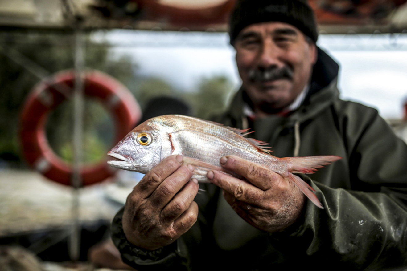 A man proudly holds a fish up to the camera.