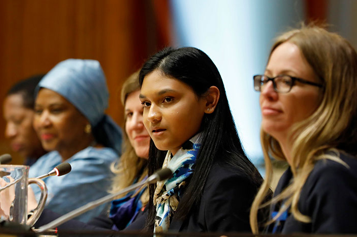 Kiara Nirghin, student, scientist, and advocate for women and girls in STEM, speaks at UN Headquarters in March 2019. 