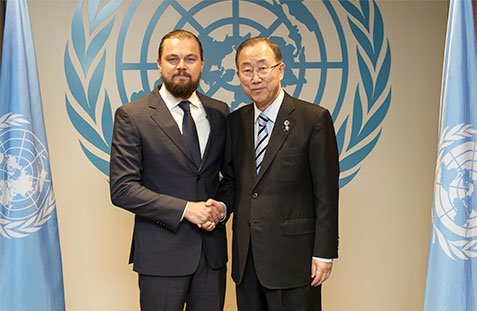 Secretary-General Ban Ki-moon welcomes Leonardo DiCaprio to the United Nations UN Photo/Mark Garten