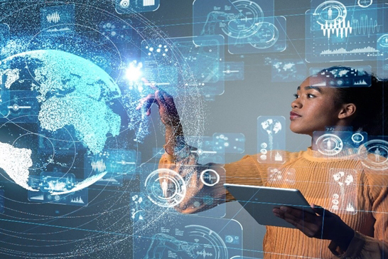young woman interacting with digital interface