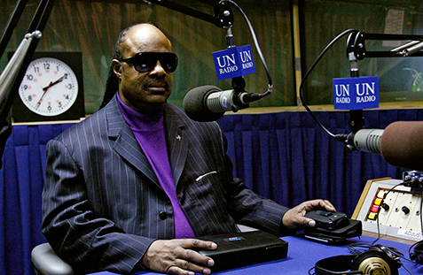 Newly-designated United Nations Messenger of Peace, Stevie Wonder sits for an interview with UN Radio. UN Photo/Paulo Filgueiras