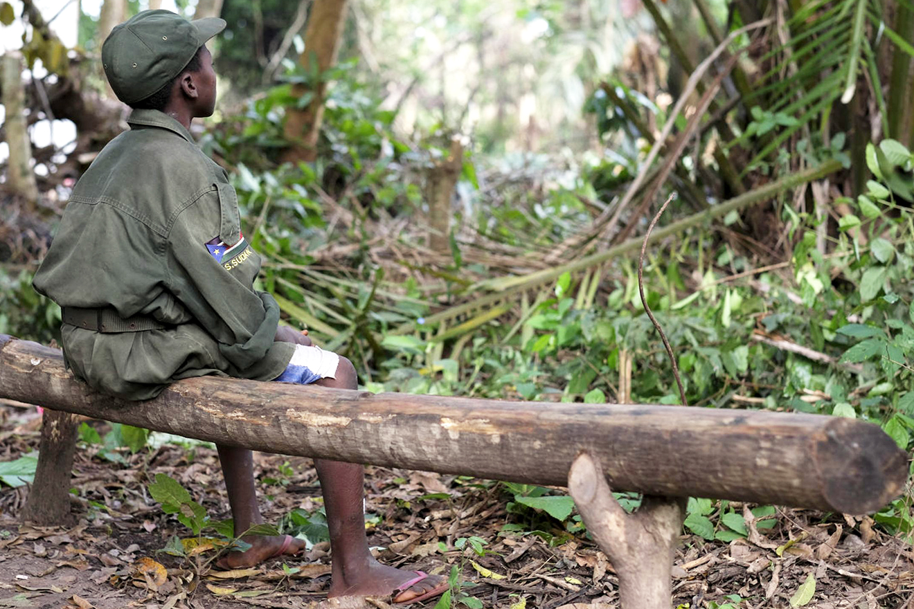 A child dressed in soldier attire sits on a tree branch in a forest with his back to the camera.