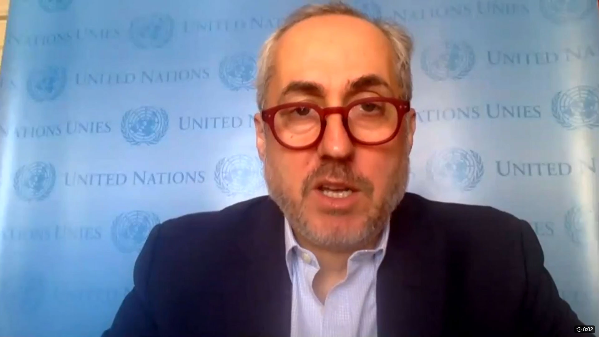Screen shot of Stéphane Dujarric, Spokesman for the Secretary-General, giving his first virtual noon briefing from his home.