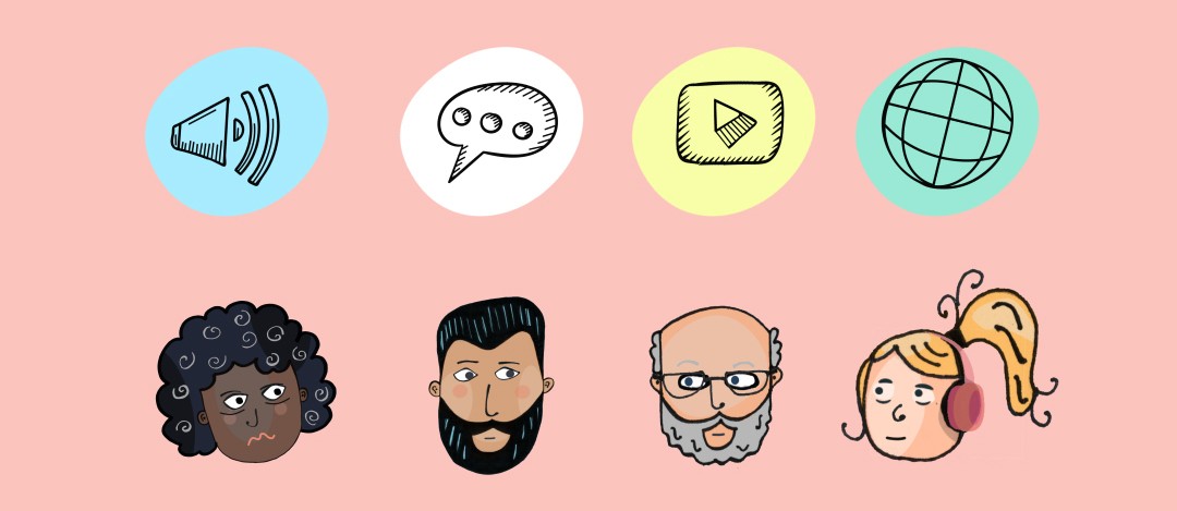 An illustration of various heads with talk bubbles above them.