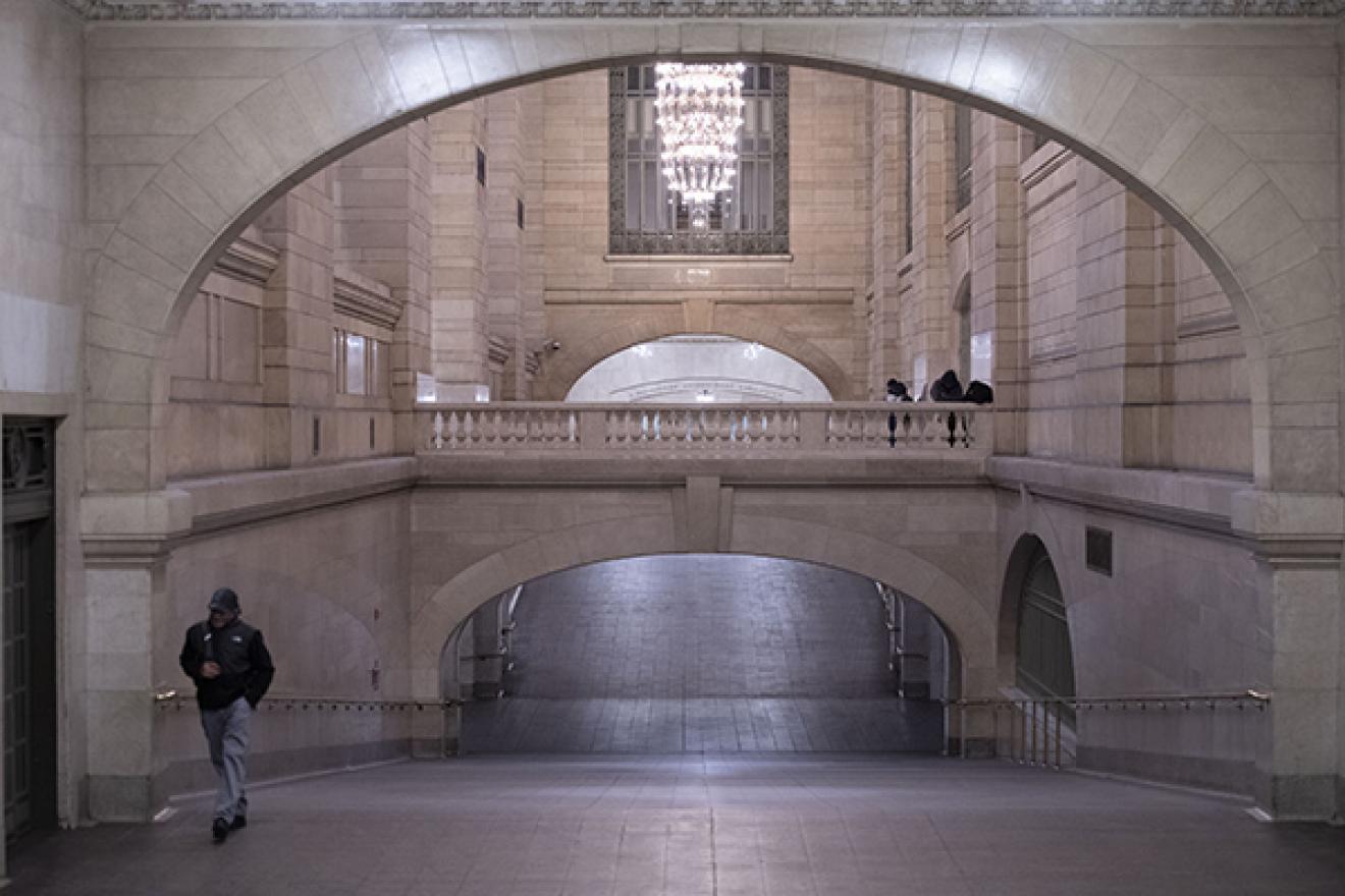 A view of an almost empty Grand Central Terminal in New York City.