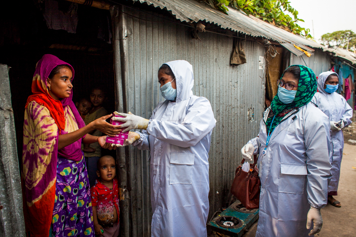 Soap and hand sanitizer are distributed as part of UNDP's emergency support of vulnerable families in Bangladesh. 