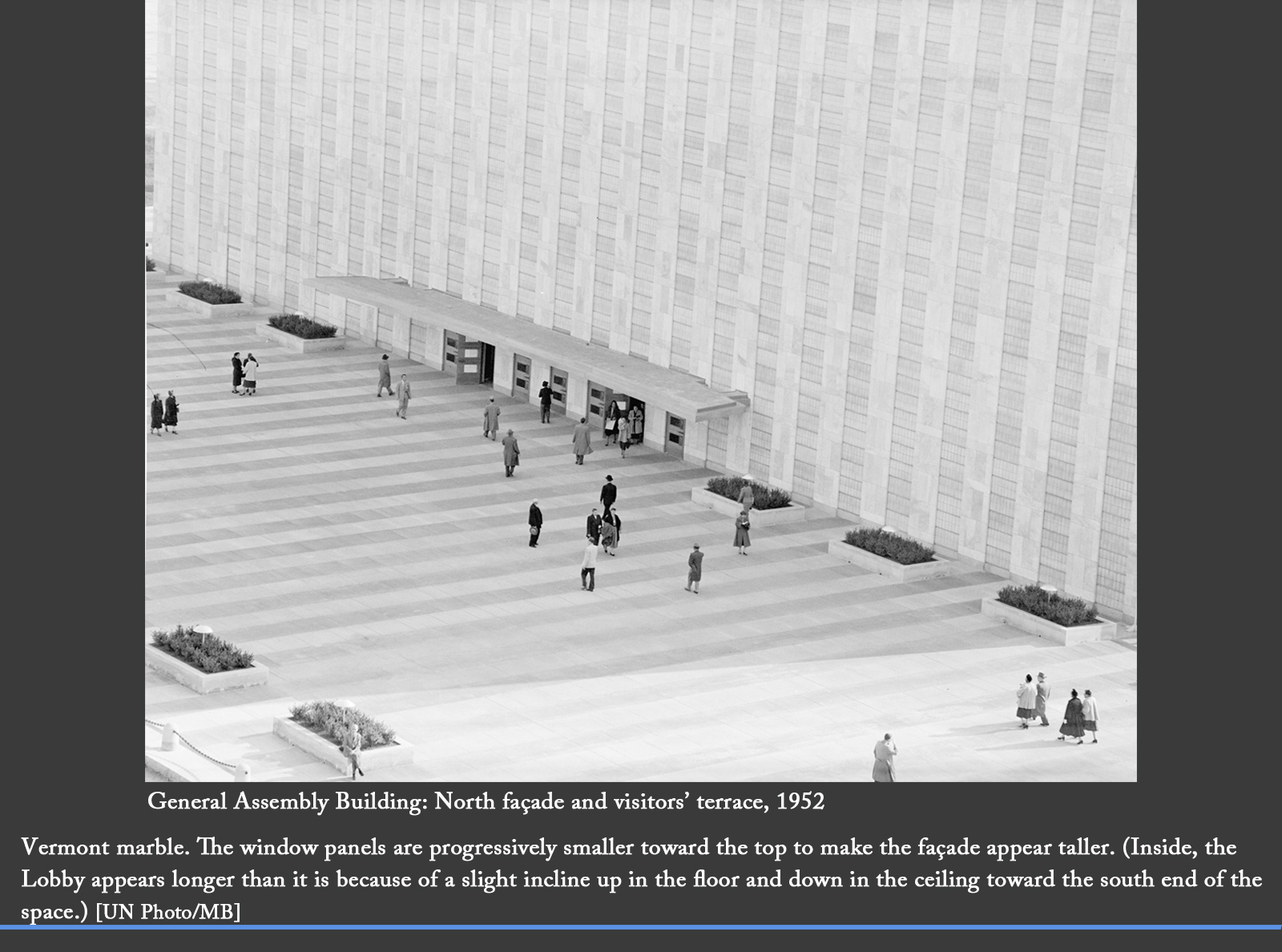 The north façade of the General Assembly Building and the Visitors’ Terrace, 1952