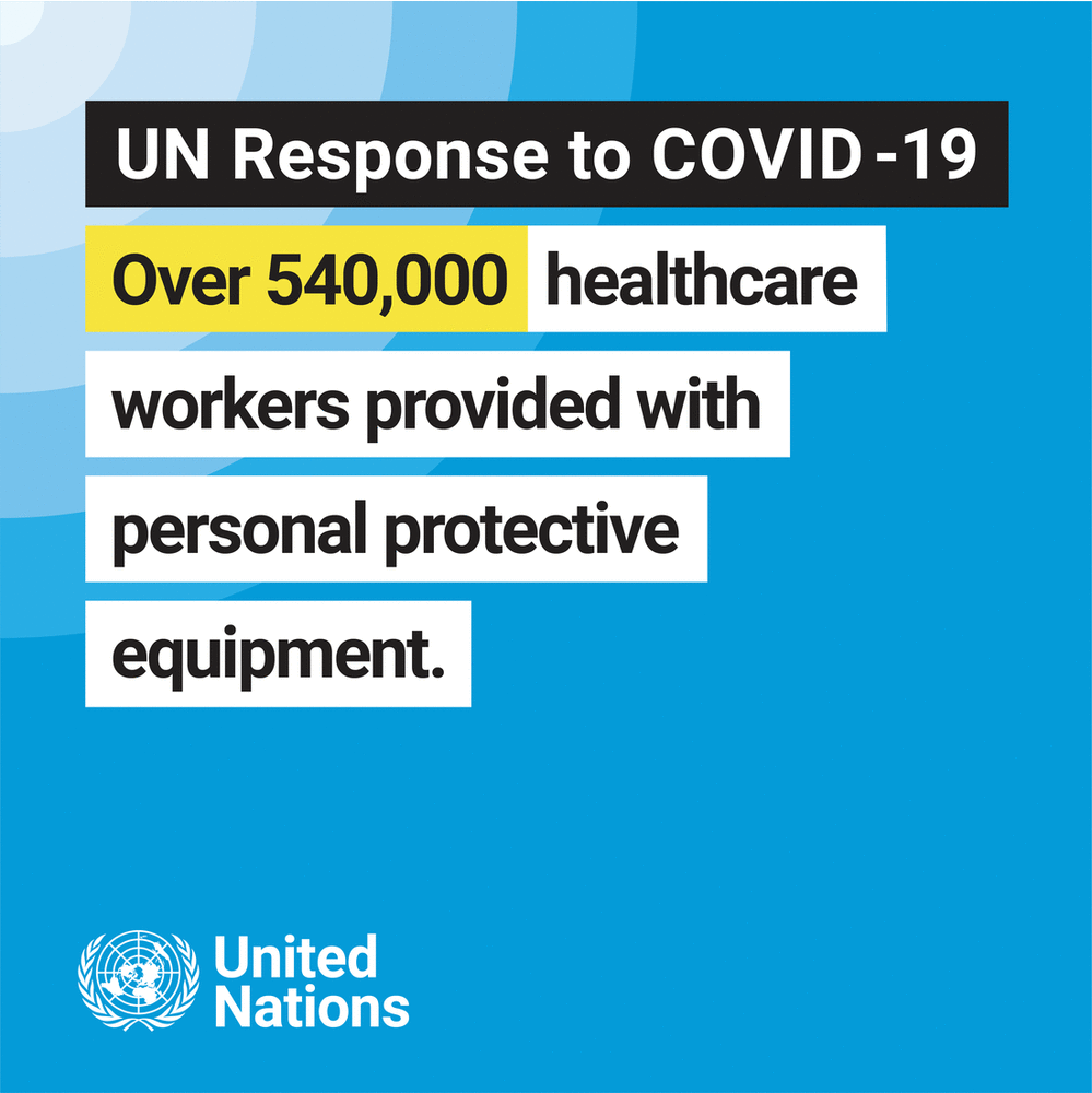 Statistics on the UN-response to COVID-19: 1.9 million health and community workers trained; 45 million children, parents and caregivers provided with mental health support; 155 million children helped with learning; 28 million reached with critical water, sanitation and hygiene supplies; over 540,000 healthcare workers provided with personal protective equipment; 100 emergency medical teams deployed.